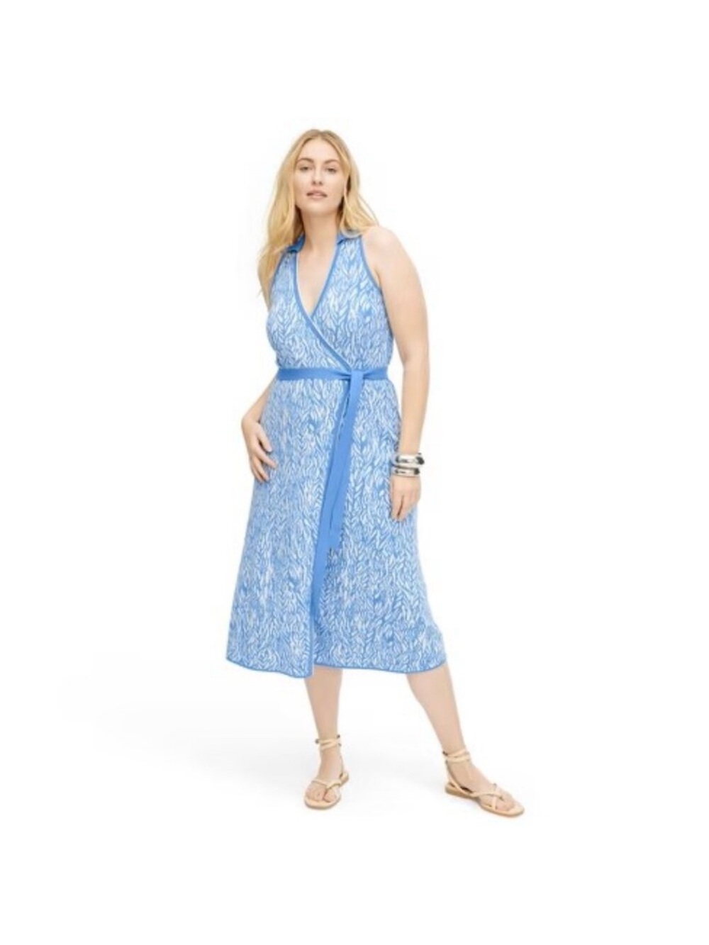 Diane von furstenberg Blue Wrap Midi Dress with Leaf Print- S